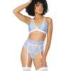 Scallop Stretch Lace Bra, Garter Belt & G-String Light Blue/White S/M