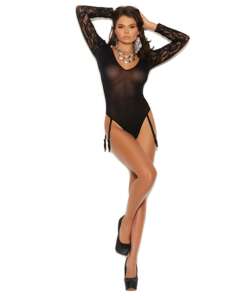 Vivace Long Sleeve Lace & Opaque Teddy w/Attached Garters Black O/S
