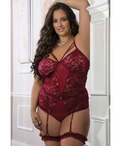 Floral Lace Strappy Garter Teddy w/Leg Garters French Cognac QN